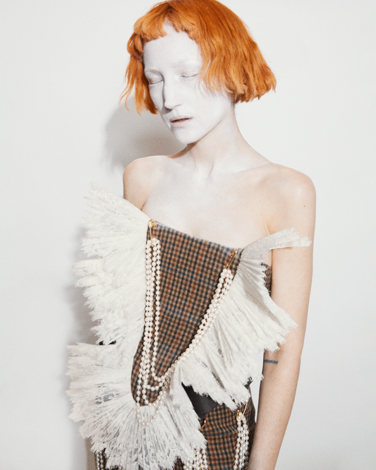 Izzie Bodice in Shepherdess Plaid Cashmere, Chantilly Lace and Duchess Satin