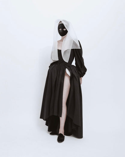 Fiameta Dress in Cotton Sateen, Cotton Voile with Silk Satin Hip Pad